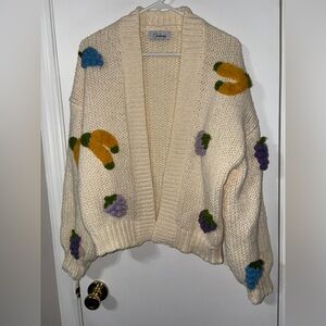 Anthropologie Duchamp Cream 3D Embroidery Knit Fruit Chucky Cardigan One size